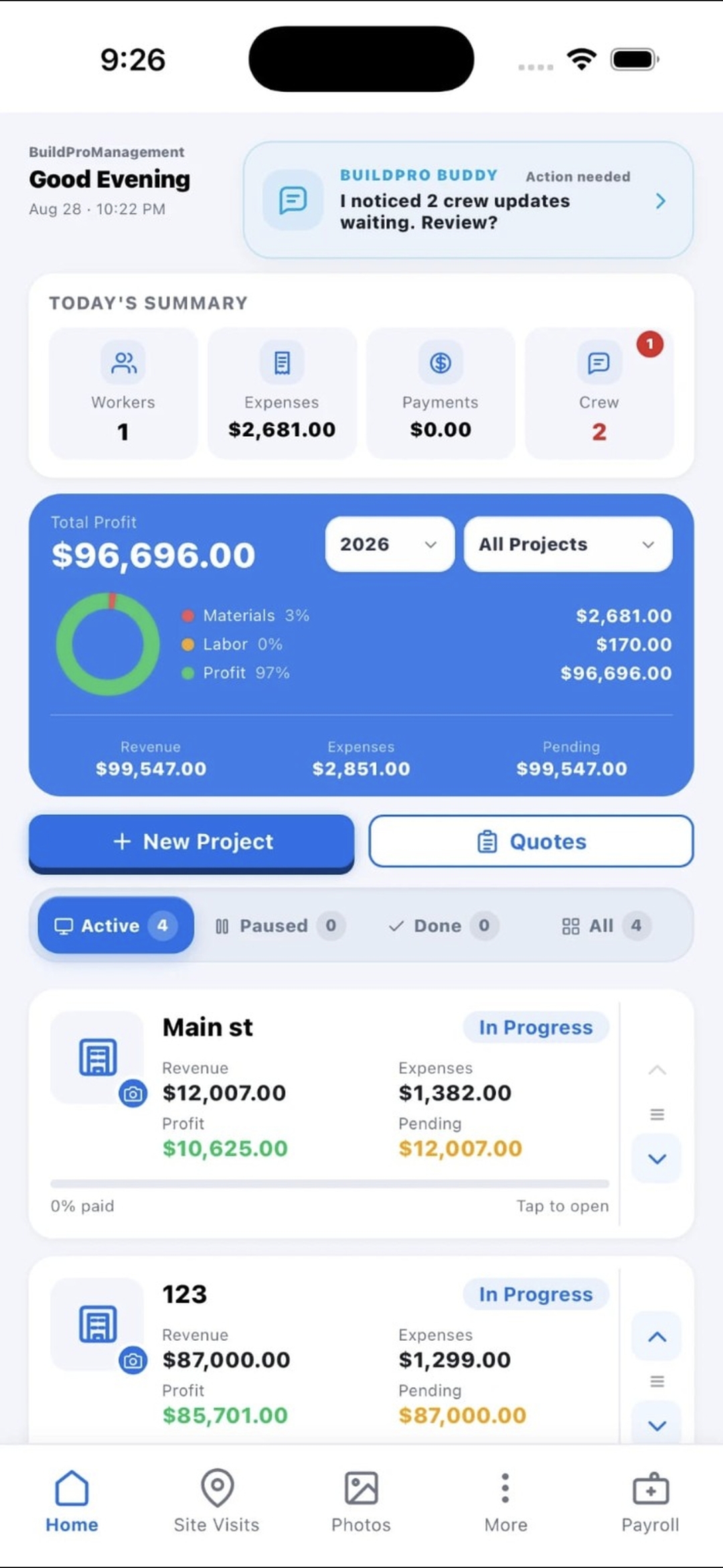 BuildPro Management dashboard showing today's summary, total profit, and active projects
